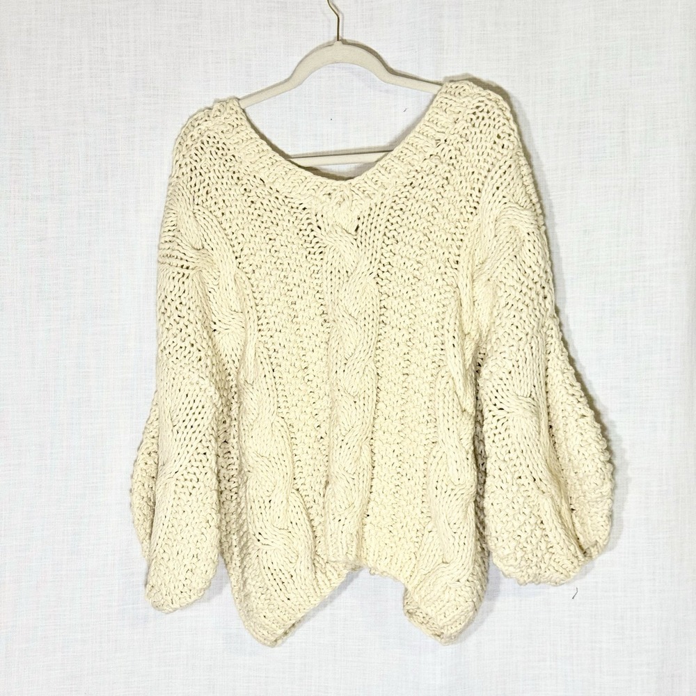 POL‎ Chunky Cable Knit Sweater Cream Oversized Balloon Sleeve Boho L Cottage - Picture 6 of 9